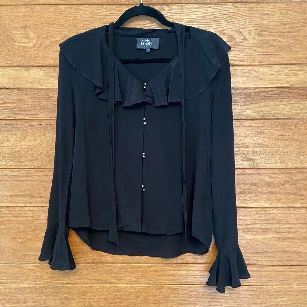 Cold Posh silk black ruffle trim button front long sleeve blouse